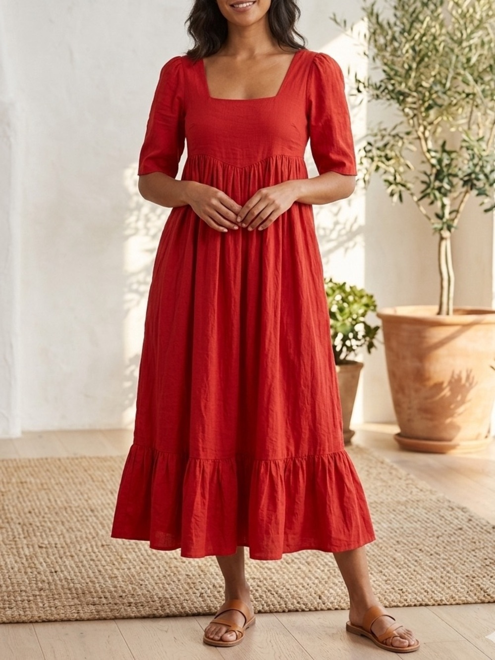 Meadows Clover Linen Orange Red Square-Neck Midi Dress 4